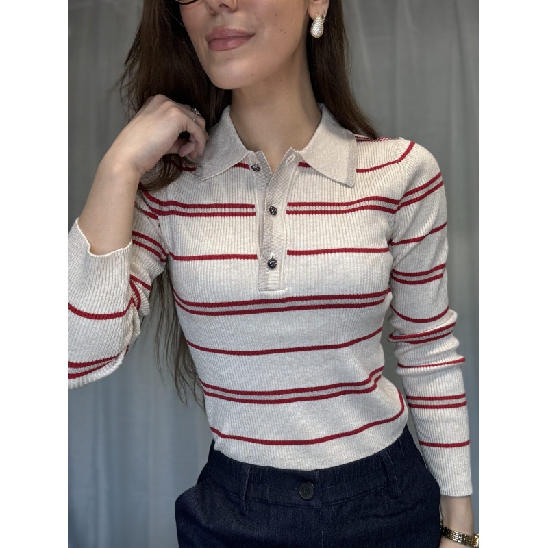 Evi Sweater Stripe Beige/Red - Bilde 3