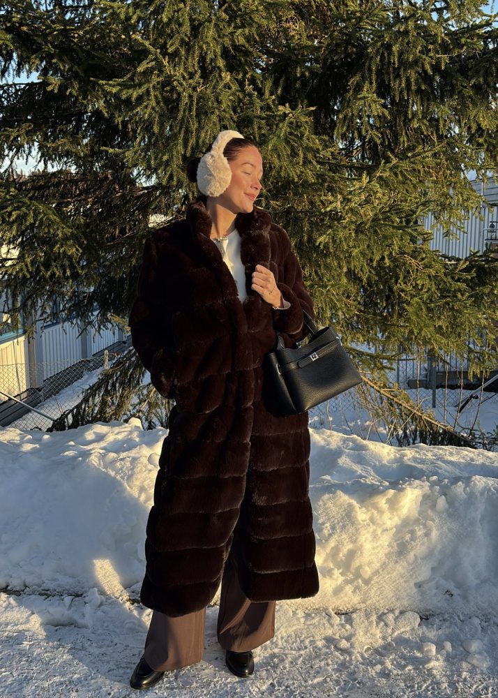 Faux Fur Jacket Long Brown