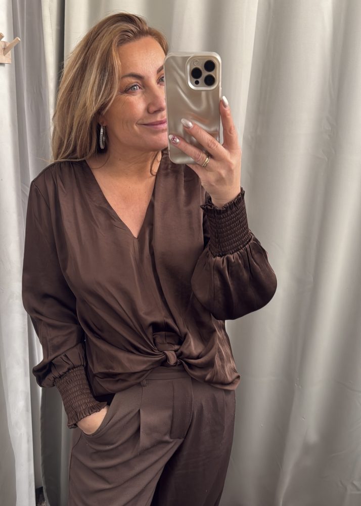 Karina Satin Wrap Blouse Brown